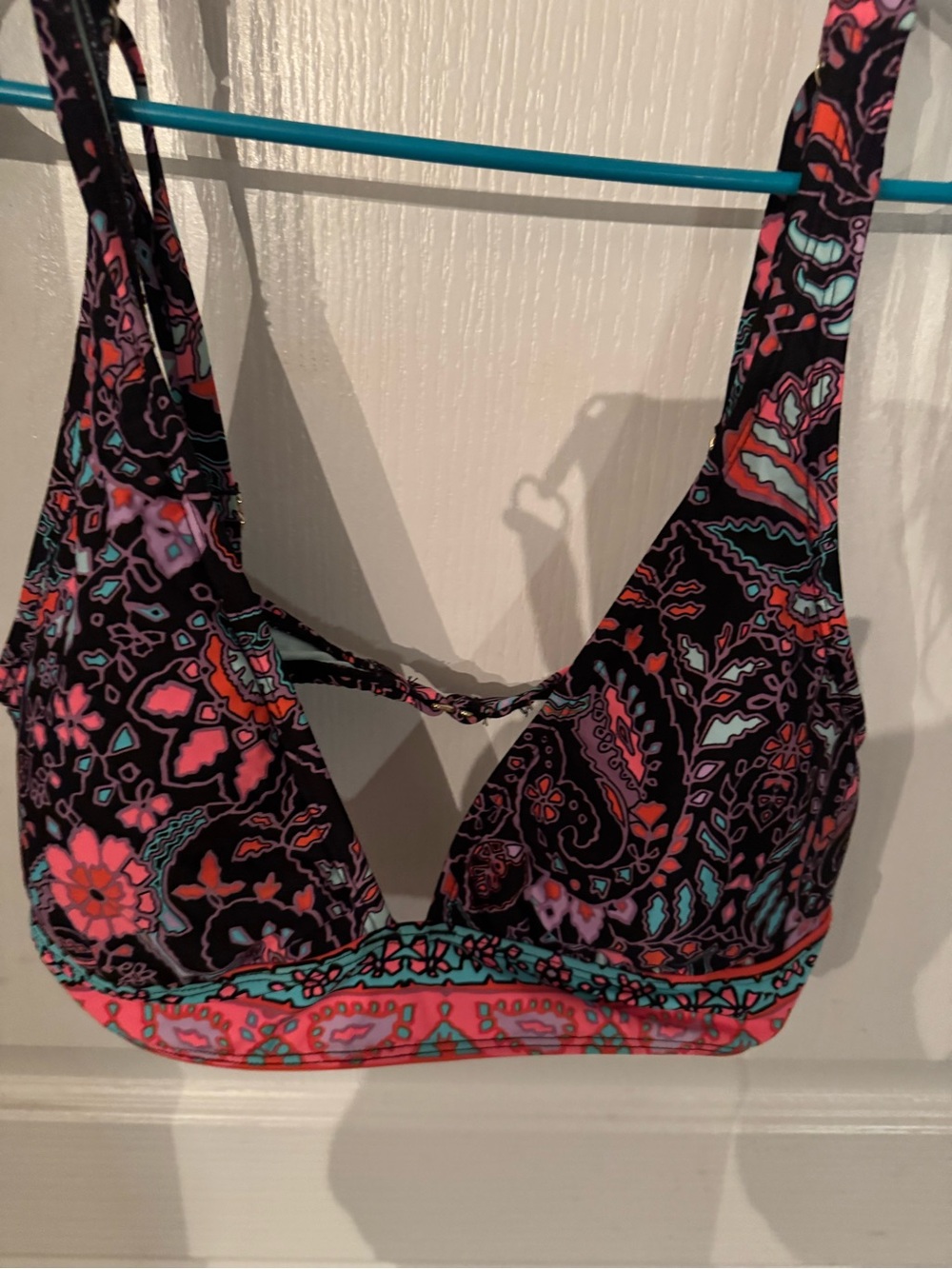 Gibson Latimer Black Bikini Top with Coral, Pink and Teal Paisley